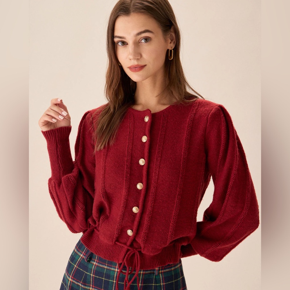 Red Lantern Sleeve Single-Breasted Cardigan